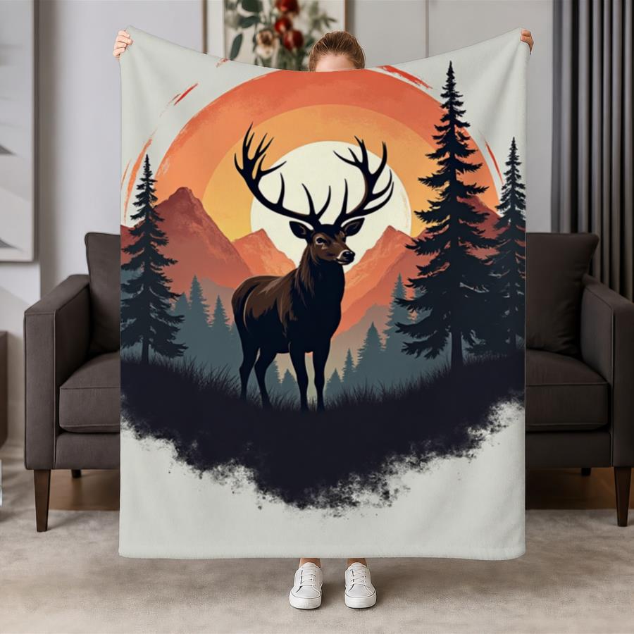 Family Tree Print - 빈티지 사슴과 산 모양의 일몰 플란넬