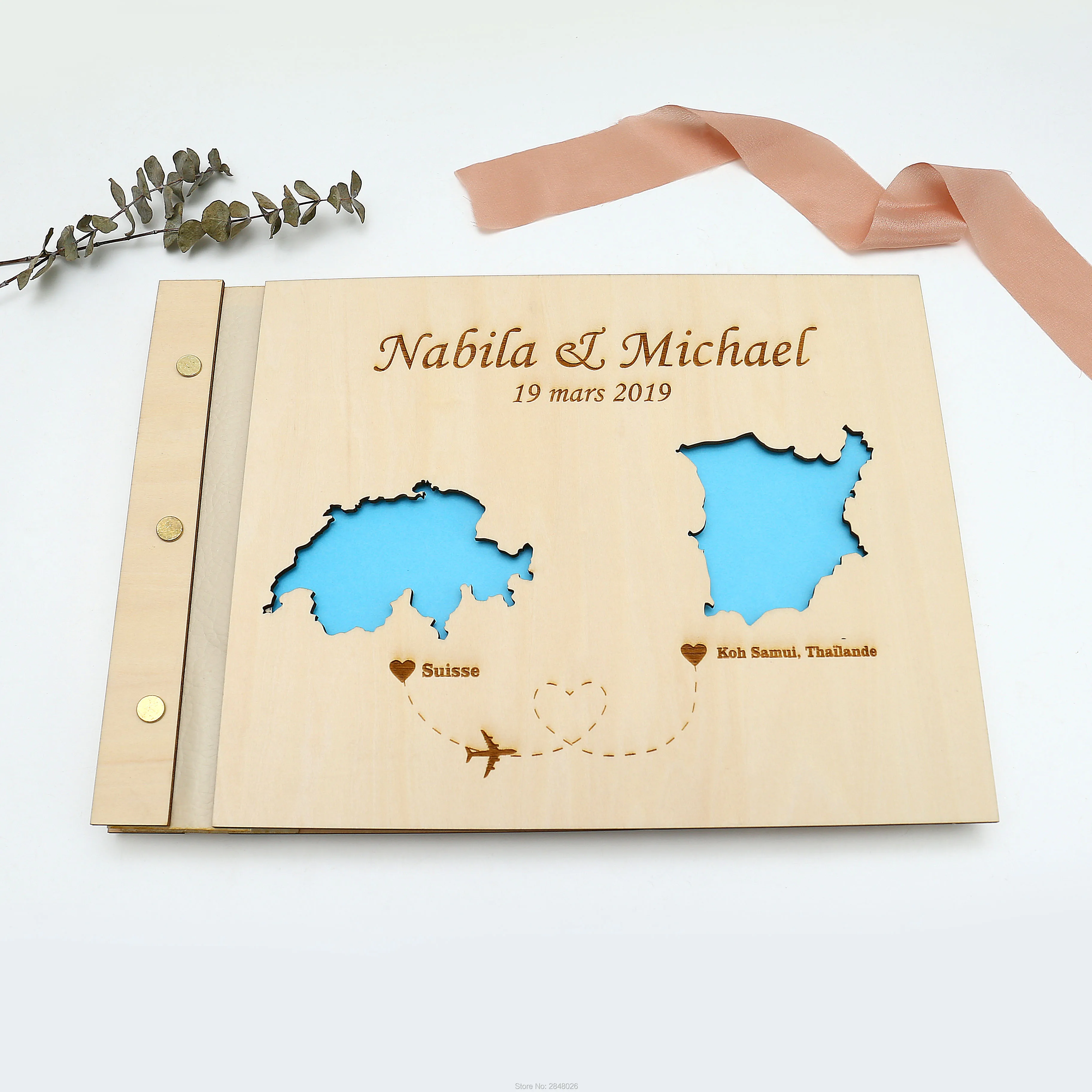 Custom Star Map - 소박한 새겨진 결혼식 방명록, 맞춤형 목조
